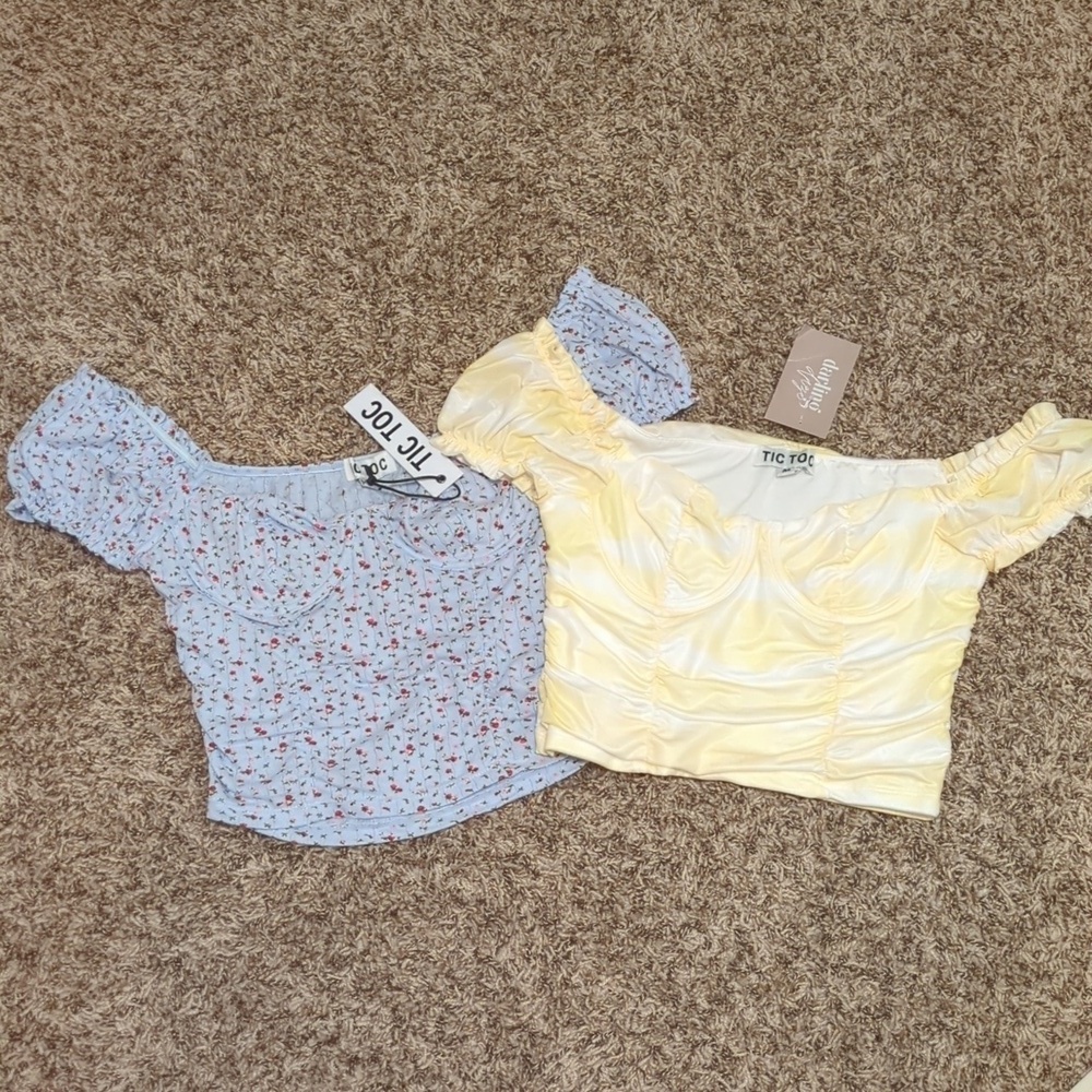 Tic Toc baby blue and yellow floral print bustier short cinched sleeve crop tops